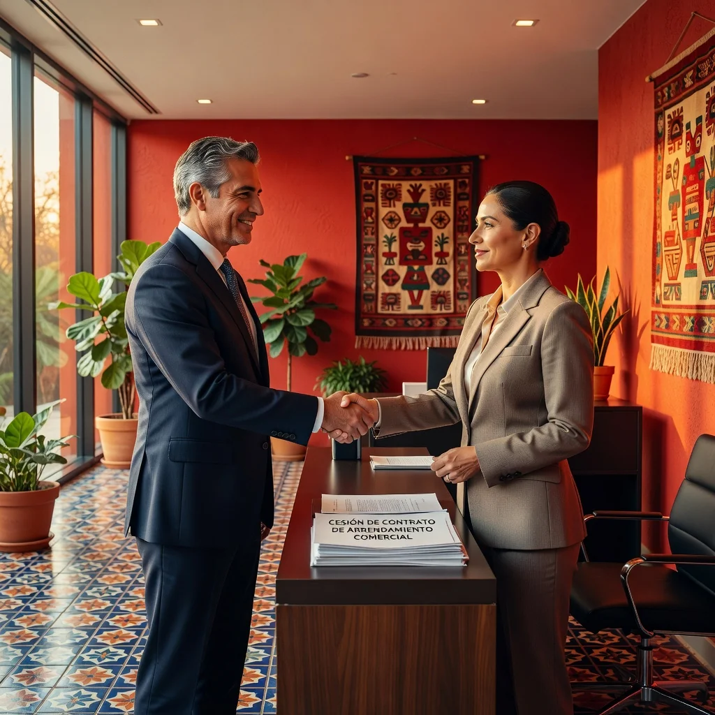 A photorealistic image depicting a professional business handshake between two adults in a modern commercial office space in Mexico, symbolizing the transfer of a commercial lease agreement, with subtle Mexican architectural elements in the background, no children present.