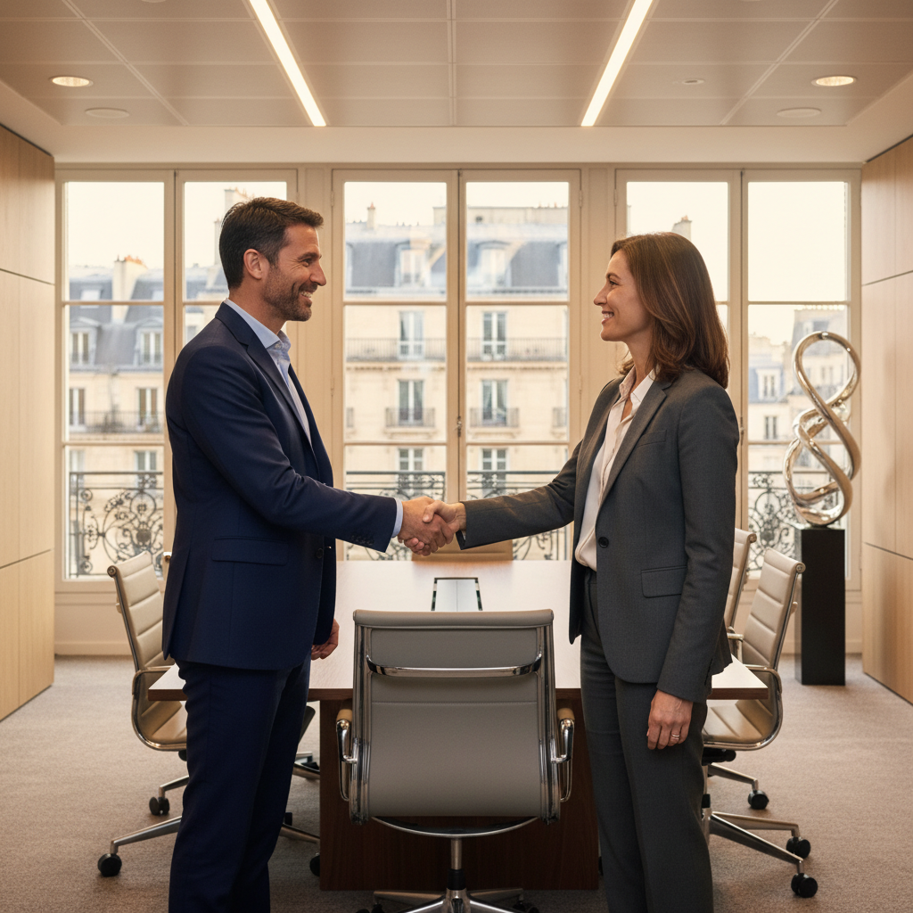 A photorealistic image depicting a professional business handshake between two adults in a modern French commercial office space, symbolizing the transfer of a commercial lease agreement, with subtle French elements like a window view of Parisian architecture in the background. No children or legal documents visible.