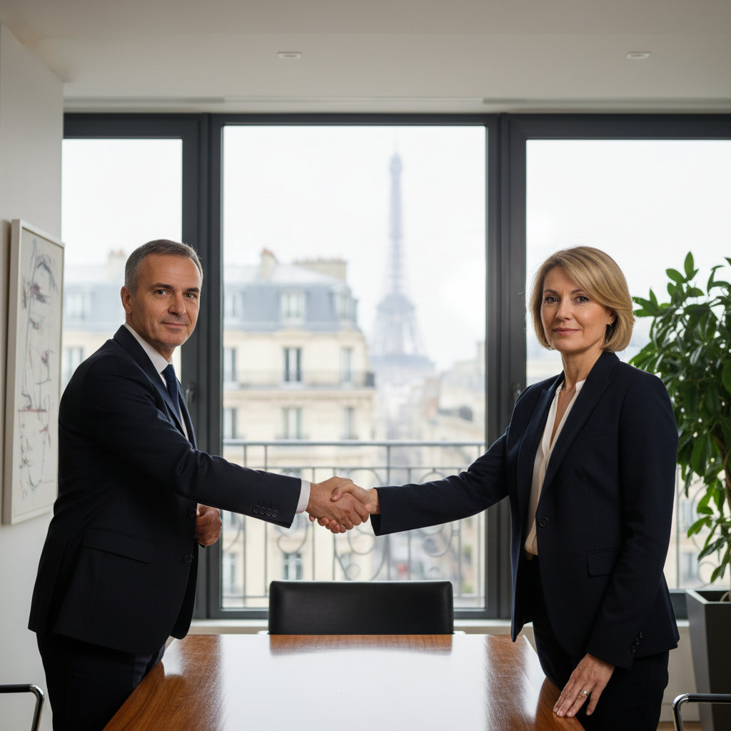 A photorealistic image of two professional adults in business attire shaking hands across a desk in a modern French commercial office space, symbolizing the transfer or cession of a commercial lease agreement, with subtle French elements like a window view of Parisian architecture in the background, conveying trust and legal business transaction.
