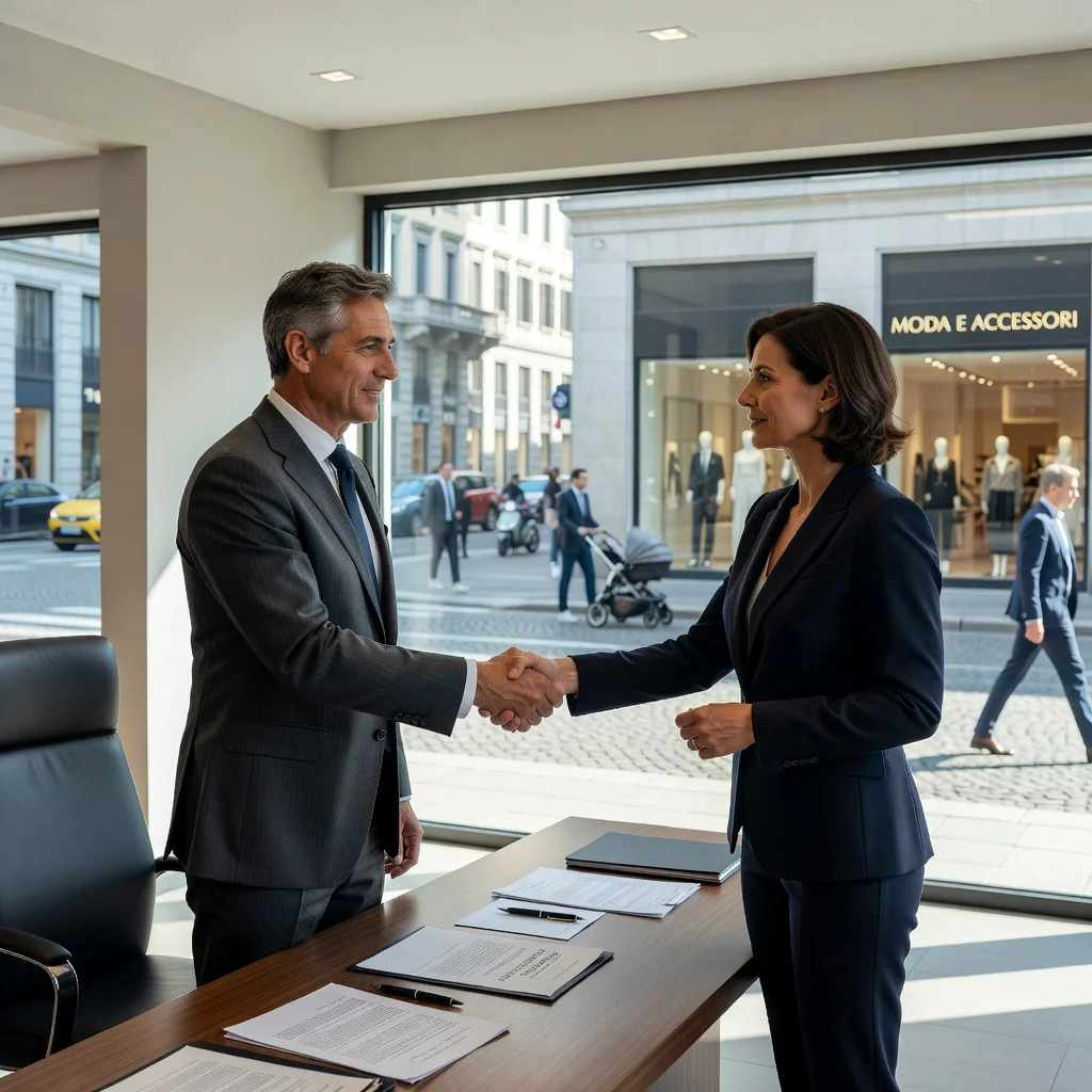 A photorealistic image representing the transfer of a commercial lease in Italy, showing two professional adults in a modern office space shaking hands, with a commercial storefront visible through a window in the background, symbolizing the handover of a business lease.