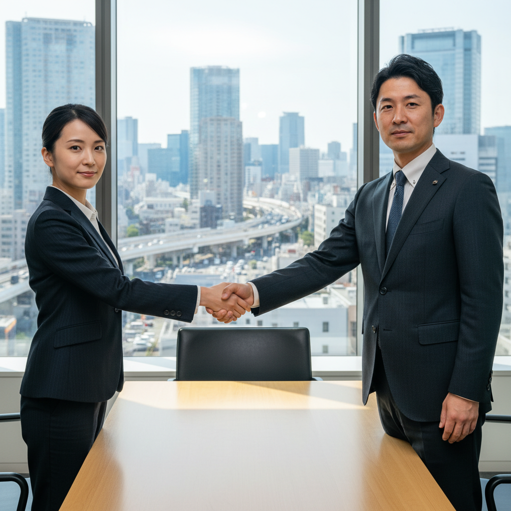 A photorealistic image depicting a professional business meeting in a modern Japanese office, where two adults in business attire are shaking hands over a desk with a city skyline view in the background, symbolizing the transfer of a commercial lease agreement without showing any documents or children.