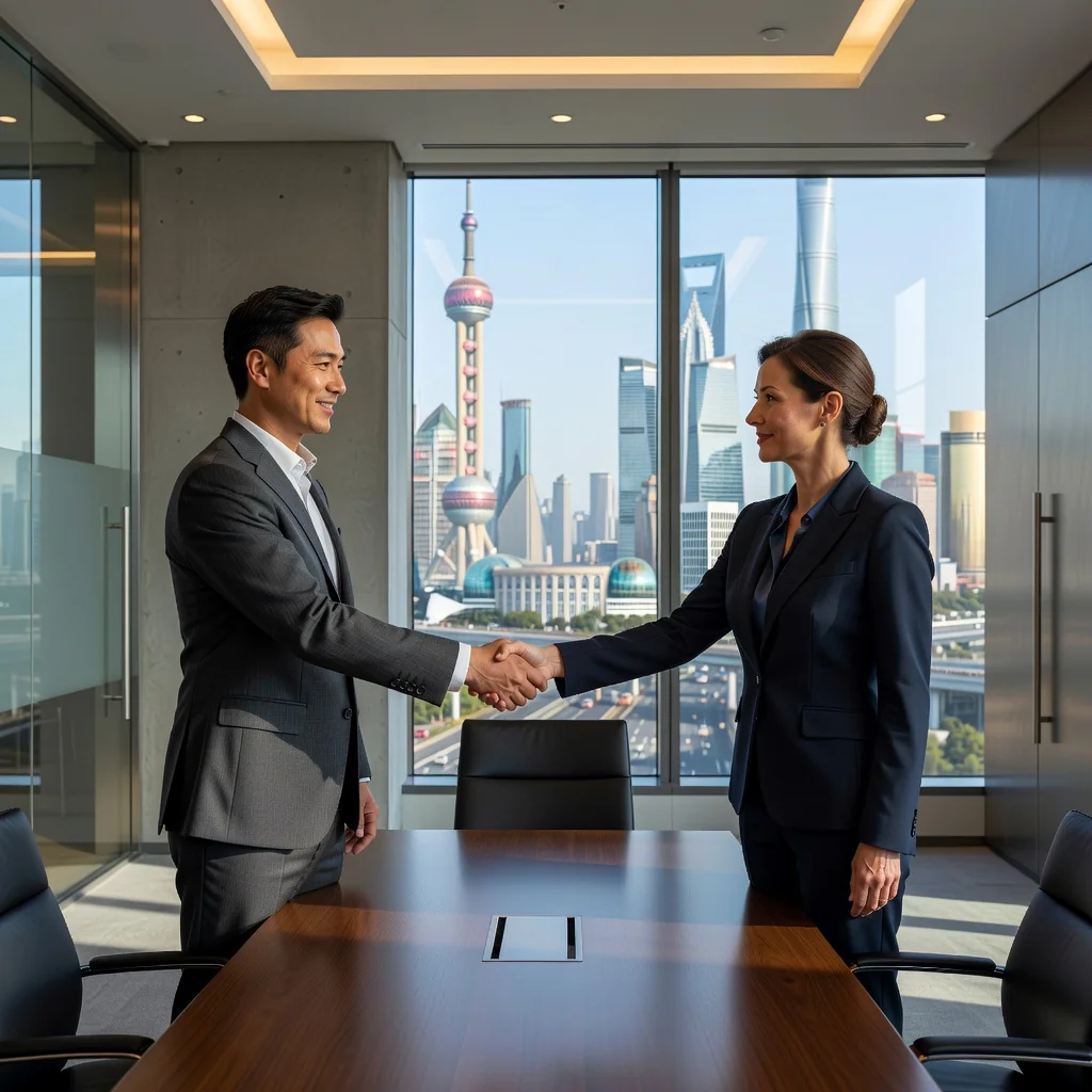 A professional business meeting in a modern Chinese office, where two adults are shaking hands over a desk with city skyline view, symbolizing a commercial lease transfer agreement.