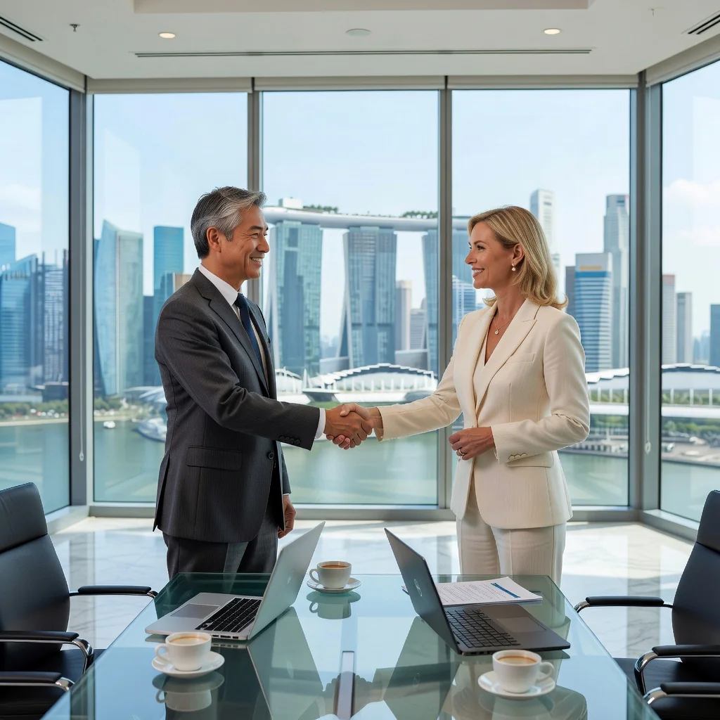 A photorealistic image of a professional business meeting in a modern Singapore office building, where a landlord and tenant are shaking hands over a conference table with a city skyline view in the background, symbolizing the renewal of a commercial lease agreement.