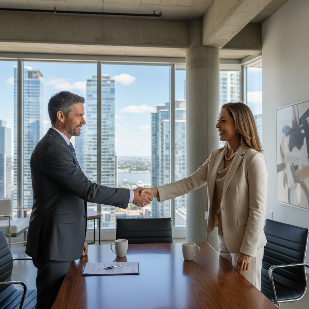 A photorealistic image of a professional business owner shaking hands with a real estate agent in a modern commercial office space, symbolizing the successful extension of a lease for business premises, with elements like office desks and city views in the background, conveying security and growth in business tenancy.