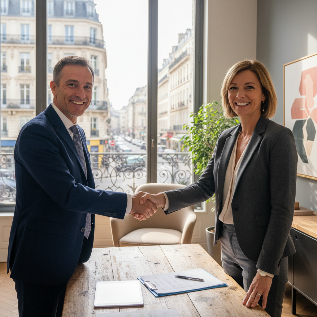A photorealistic image of two professional adults, a business owner and a real estate agent, shaking hands across a desk in a modern commercial office space in France, with subtle French elements like a window view of a Parisian street, symbolizing the successful negotiation of a commercial lease renewal. The image conveys confidence, partnership, and business growth, without any legal documents visible.