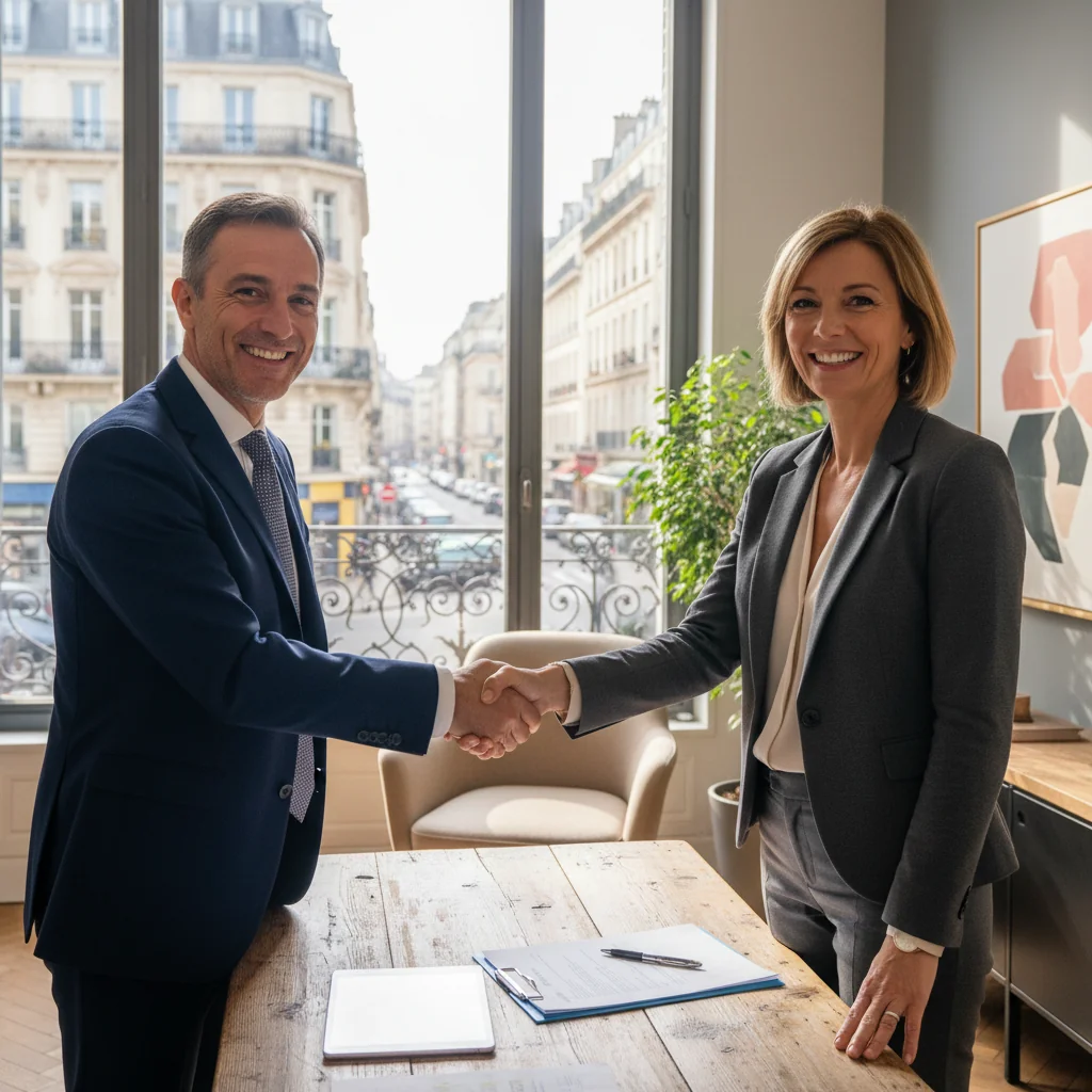 A photorealistic image of two professional adults, a business owner and a real estate agent, shaking hands across a desk in a modern commercial office space in France, with subtle French elements like a window view of a Parisian street, symbolizing the successful negotiation of a commercial lease renewal. The image conveys confidence, partnership, and business growth, without any legal documents visible.