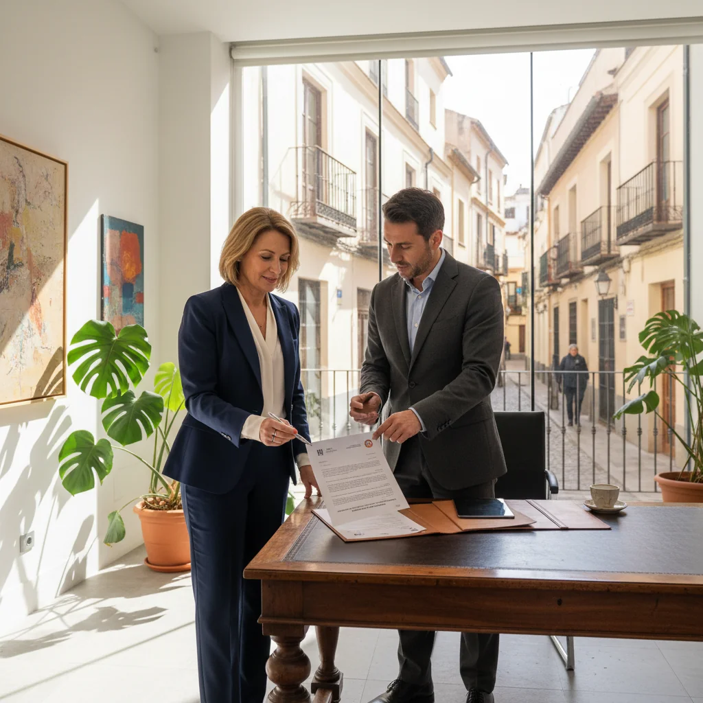A photorealistic image of a professional adult business owner in a modern commercial space in Spain, such as a retail shop or office, reviewing lease documents with a real estate agent, symbolizing the process of extending a commercial lease, with Spanish architectural elements in the background like tiled floors or urban views, no children present.