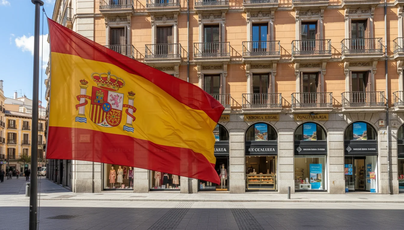 Spanish flag with commercial building.