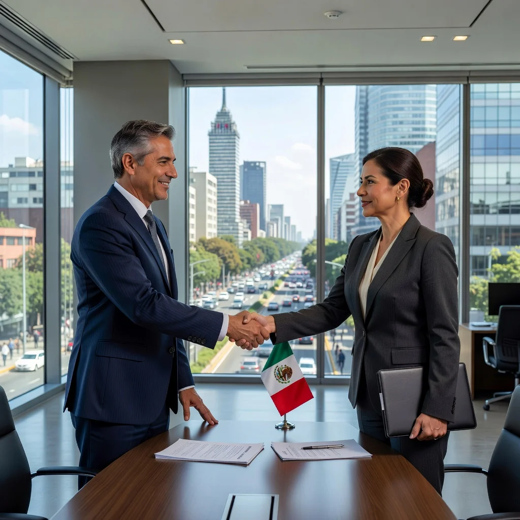 A photorealistic image of a professional business meeting in a modern Mexican commercial office space, where two adults—a landlord and a tenant—are shaking hands over a conference table, symbolizing the renewal of a commercial lease agreement. The setting includes elements like a cityscape view from large windows, business attire, and subtle Mexican cultural touches such as a flag or local decor, conveying trust and legal partnership without focusing on documents.
