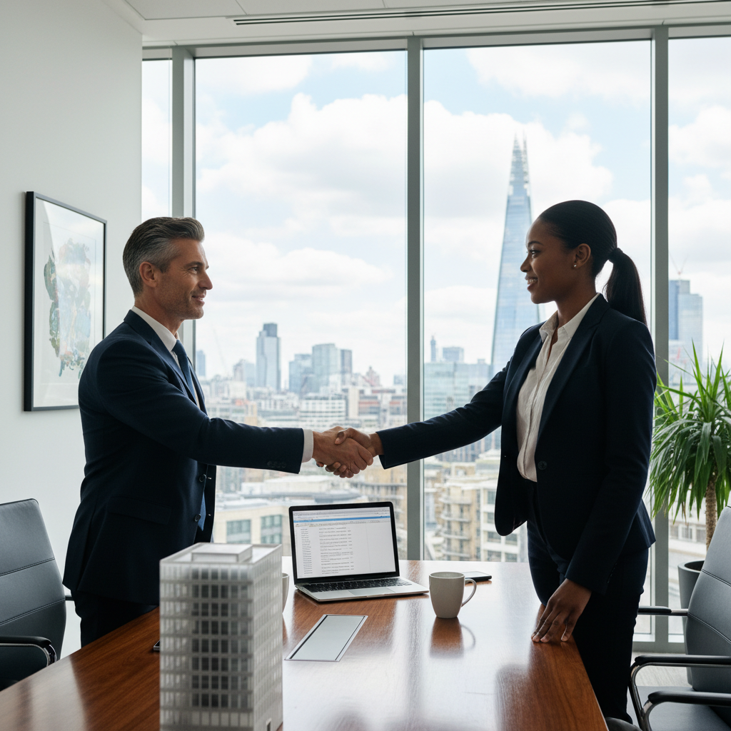 A professional business meeting in a modern UK office space, where two middle-aged adults, a man and a woman in business attire, are shaking hands across a conference table with city skyline view through large windows, symbolizing successful commercial lease renewal agreement.