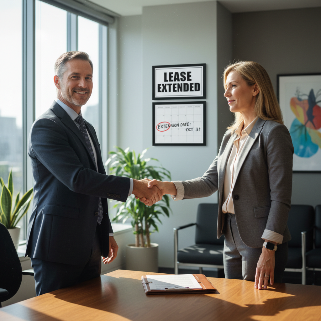 A photorealistic image of two professional adults, a landlord and a tenant, shaking hands across a desk in a modern commercial office space, with a 'Lease Extended' sign in the background, symbolizing the extension of a commercial lease agreement. The scene conveys trust and agreement in a business context, with no children present.