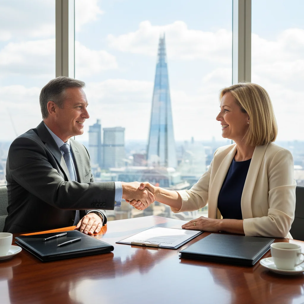 A photorealistic image of two professional adults, a landlord and a tenant, shaking hands across a desk in a modern commercial office space, symbolizing the renewal of a business lease agreement in the UK. The setting includes elements like a city skyline view, business attire, and subtle UK flags or signage to evoke legal and commercial themes. No children are present in the image.