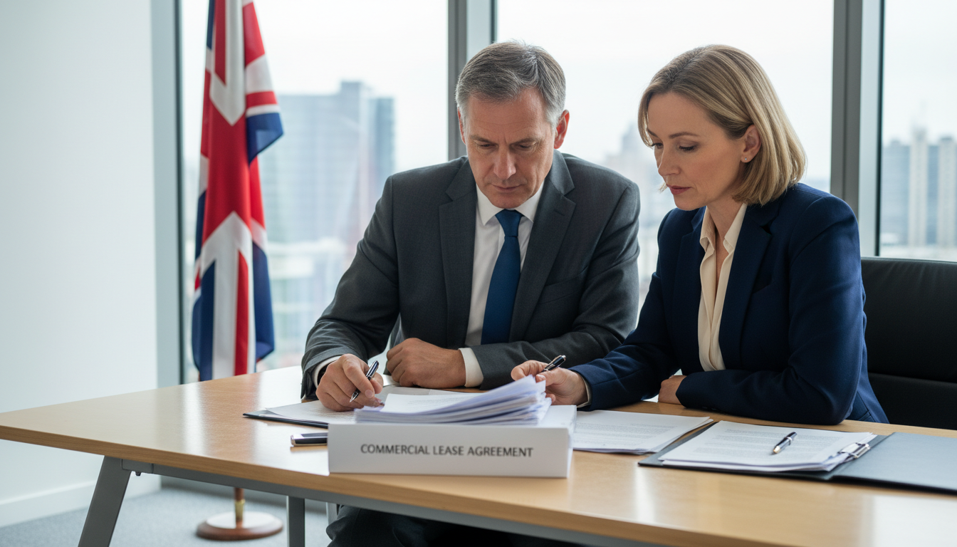 Business professionals reviewing lease contract