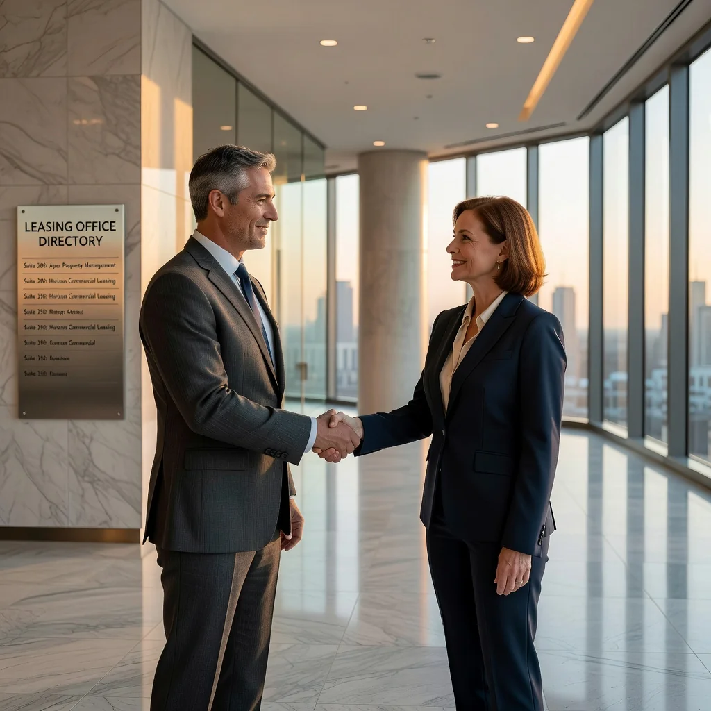A photorealistic image of two professional adults, a landlord and a tenant, shaking hands in a modern office building lobby, symbolizing the renewal of a commercial lease agreement, with subtle background elements like a building lease sign and city skyline view, conveying security and business partnership without any focus on legal documents.