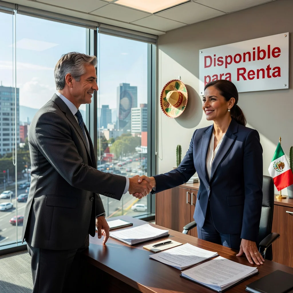 A photorealistic image depicting two professional adults, a landlord and a tenant, shaking hands in a modern Mexican commercial office space, symbolizing the agreement and renewal of a commercial lease in Mexico. The setting includes elements like a 'Se Renta' sign in the background and Mexican cultural touches such as a flag or traditional decor, conveying trust and business partnership without focusing on legal documents.
