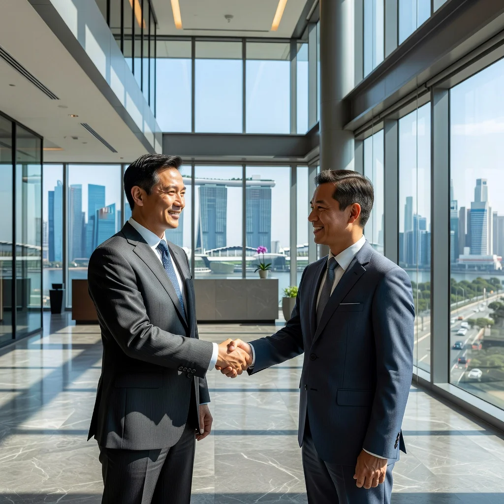 A photorealistic image of a professional businessperson shaking hands with a real estate agent in a modern Singapore office building lobby, symbolizing the renewal of a commercial lease. The background features elements of Singapore's urban skyline, such as tall skyscrapers and the Marina Bay area, conveying business continuity and growth in the city-state. No children are present in the image. The image must be photorealistic, with no graphics, drawings, or illustrations.