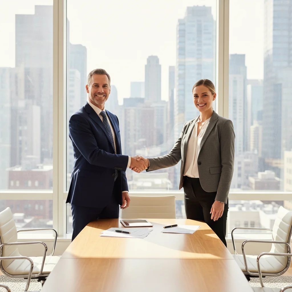 A photorealistic image of a professional business meeting in a modern commercial office space, where a middle-aged businessman and a real estate agent are shaking hands across a conference table, symbolizing a successful lease renewal agreement. The scene conveys confidence and negotiation without showing any legal documents.