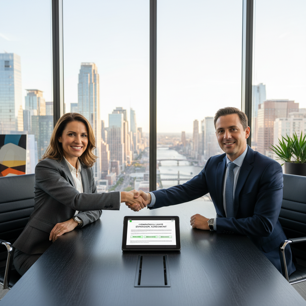 A photorealistic image of a professional businesswoman in a modern office space, reviewing a commercial lease agreement on a tablet while shaking hands with a real estate agent across a desk, symbolizing the successful extension of a lease for commercial property, with city skyline visible through large windows in the background, conveying reliability and avoidance of common pitfalls in business tenancy.