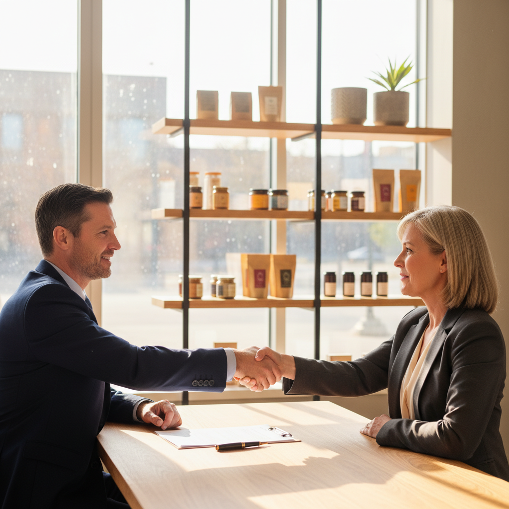 A photorealistic image of a professional business owner in a modern commercial space, such as a retail shop or office, shaking hands with a landlord across a desk, symbolizing the renewal of a commercial lease agreement. The atmosphere is positive and collaborative, with natural light illuminating the scene. No children are present in the image.