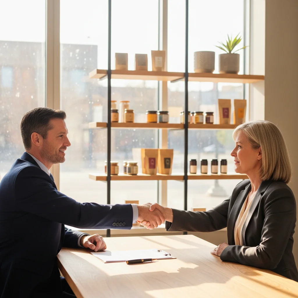A photorealistic image of a professional business owner in a modern commercial space, such as a retail shop or office, shaking hands with a landlord across a desk, symbolizing the renewal of a commercial lease agreement. The atmosphere is positive and collaborative, with natural light illuminating the scene. No children are present in the image.