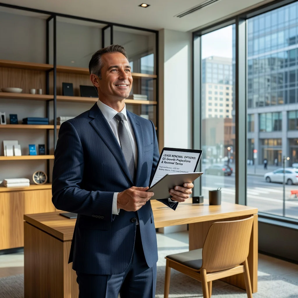 A photorealistic image of a professional adult business owner in a modern commercial space, such as a retail shop or office, reviewing renewal options on a tablet with a satisfied expression, symbolizing the process of renewing a commercial lease contract. The scene should convey business continuity and professionalism, with elements like store shelves or office desk in the background, but no legal documents visible.