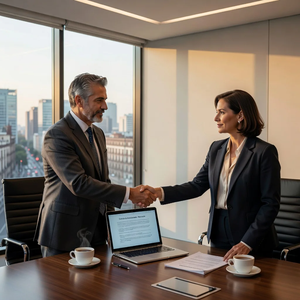 A photorealistic image of a professional business meeting in a modern Mexican commercial office space, where a landlord and tenant are shaking hands over a lease agreement discussion, symbolizing the renewal of a commercial lease contract, with elements like office furniture, cityscape view from a window, and professional attire, no children present, highly detailed and realistic photography style.