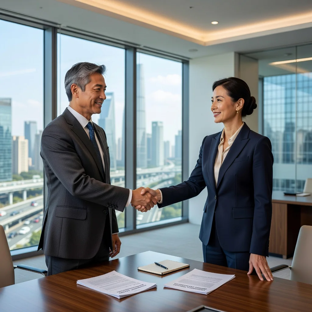 A photorealistic image of two professional adults, a business owner and a tenant, shaking hands in a modern commercial office space during a lease renewal meeting, symbolizing agreement and business continuity in commercial real estate leasing in China, with subtle Chinese architectural elements in the background.