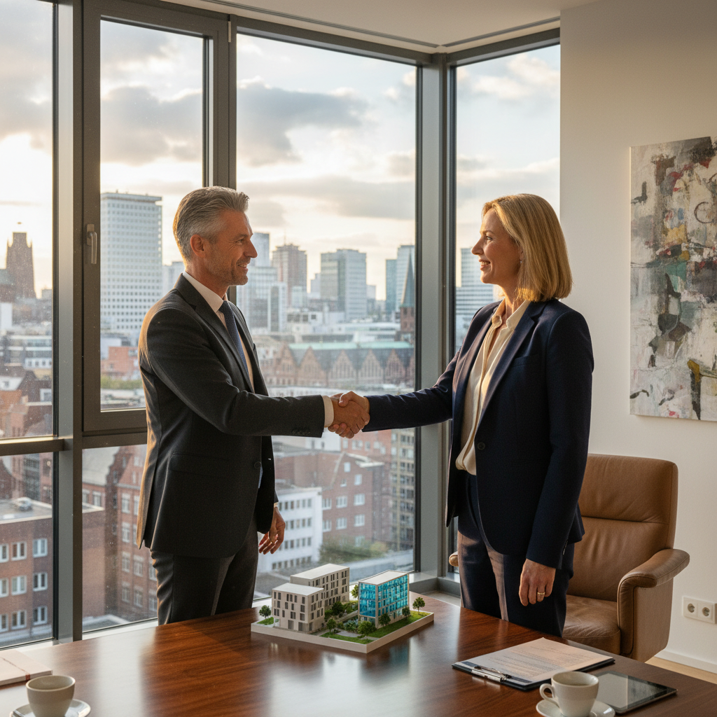 A photorealistic image of two professional adults in business attire, shaking hands across a desk in a modern commercial office space in Germany, symbolizing the renewal of a commercial lease agreement. The background features large windows with a view of a bustling urban cityscape, evoking stability and partnership in business real estate. No children are present in the image.