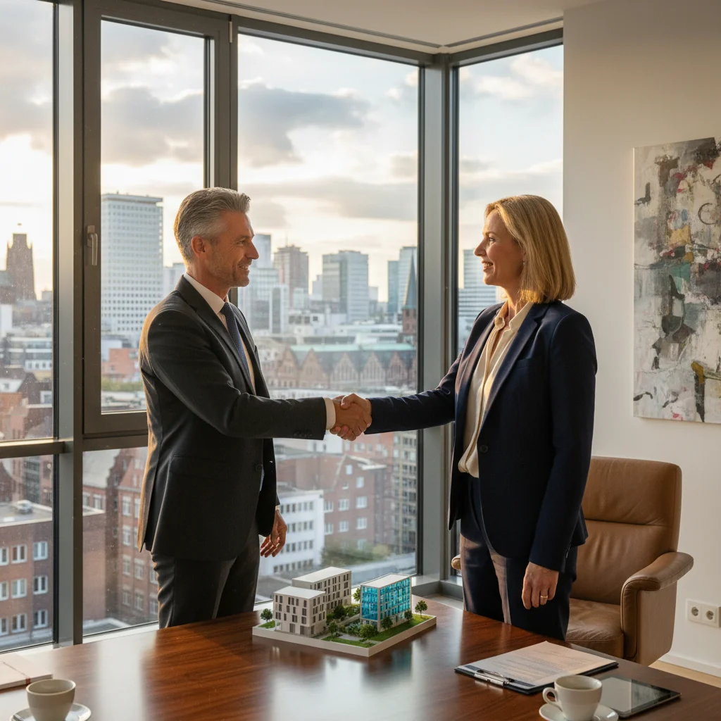 A photorealistic image of two professional adults in business attire, shaking hands across a desk in a modern commercial office space in Germany, symbolizing the renewal of a commercial lease agreement. The background features large windows with a view of a bustling urban cityscape, evoking stability and partnership in business real estate. No children are present in the image.
