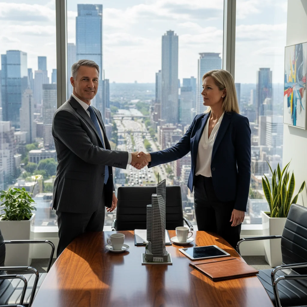 A photorealistic image of two professional adults in a modern office building, shaking hands over a conference table with city skyline visible through large windows, symbolizing successful commercial lease renewal agreement.