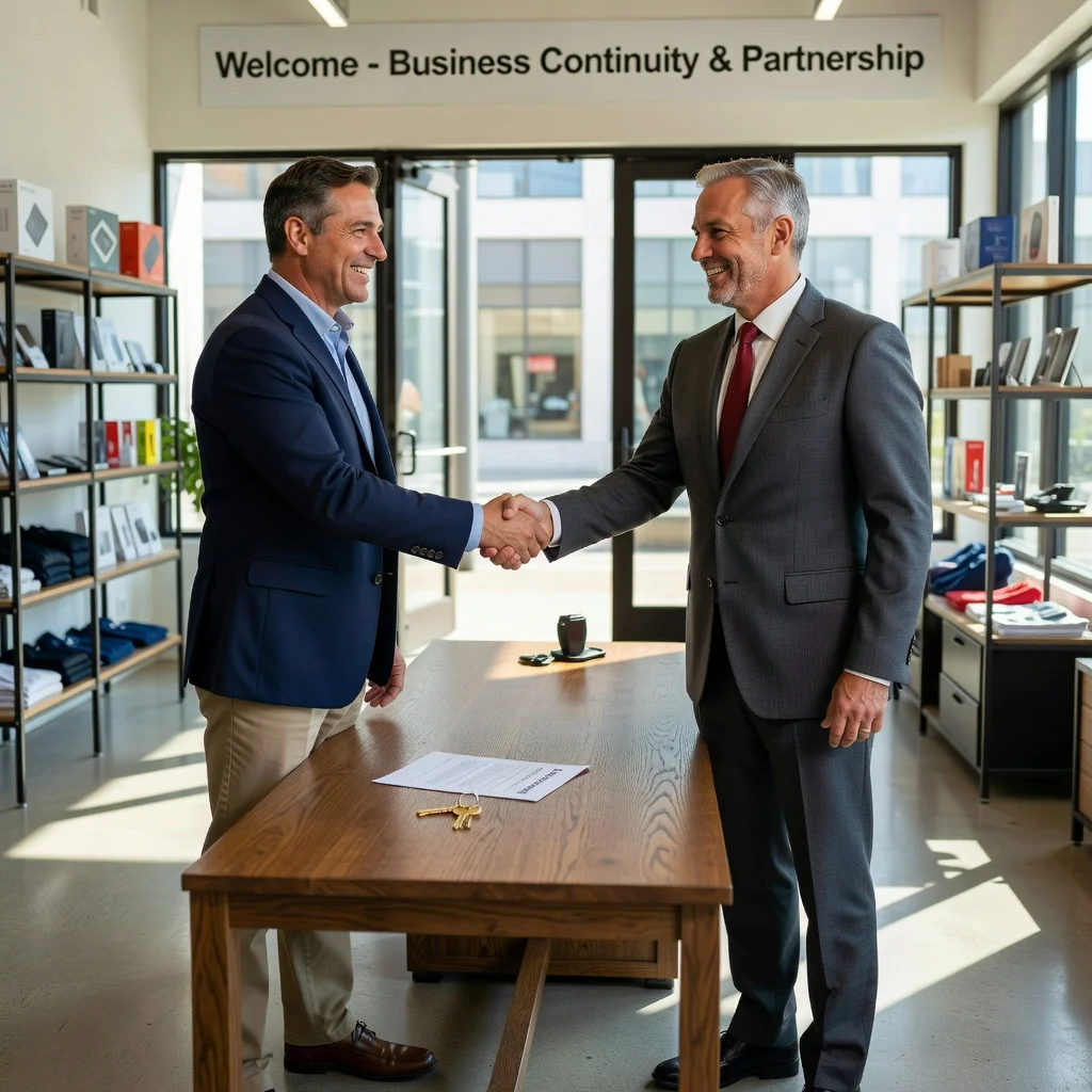 A photorealistic image of a professional business owner in a modern commercial space, such as a retail store or office, shaking hands with a landlord over a desk, symbolizing the renewal of a commercial lease agreement. The scene conveys agreement, business growth, and stability, with elements like open signage or property keys visible in the background. No legal documents are shown. The image features only adults, no children whatsoever.