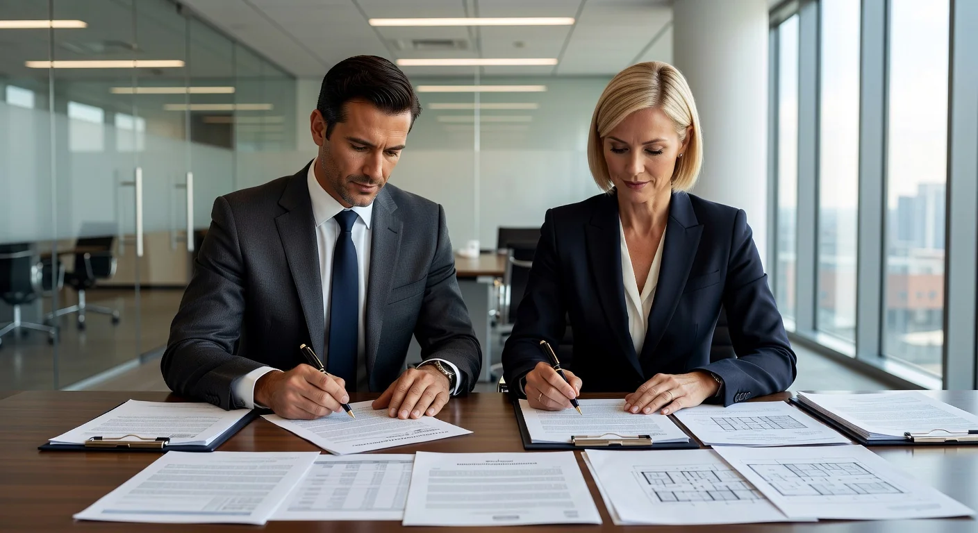 Business owners signing lease contract.