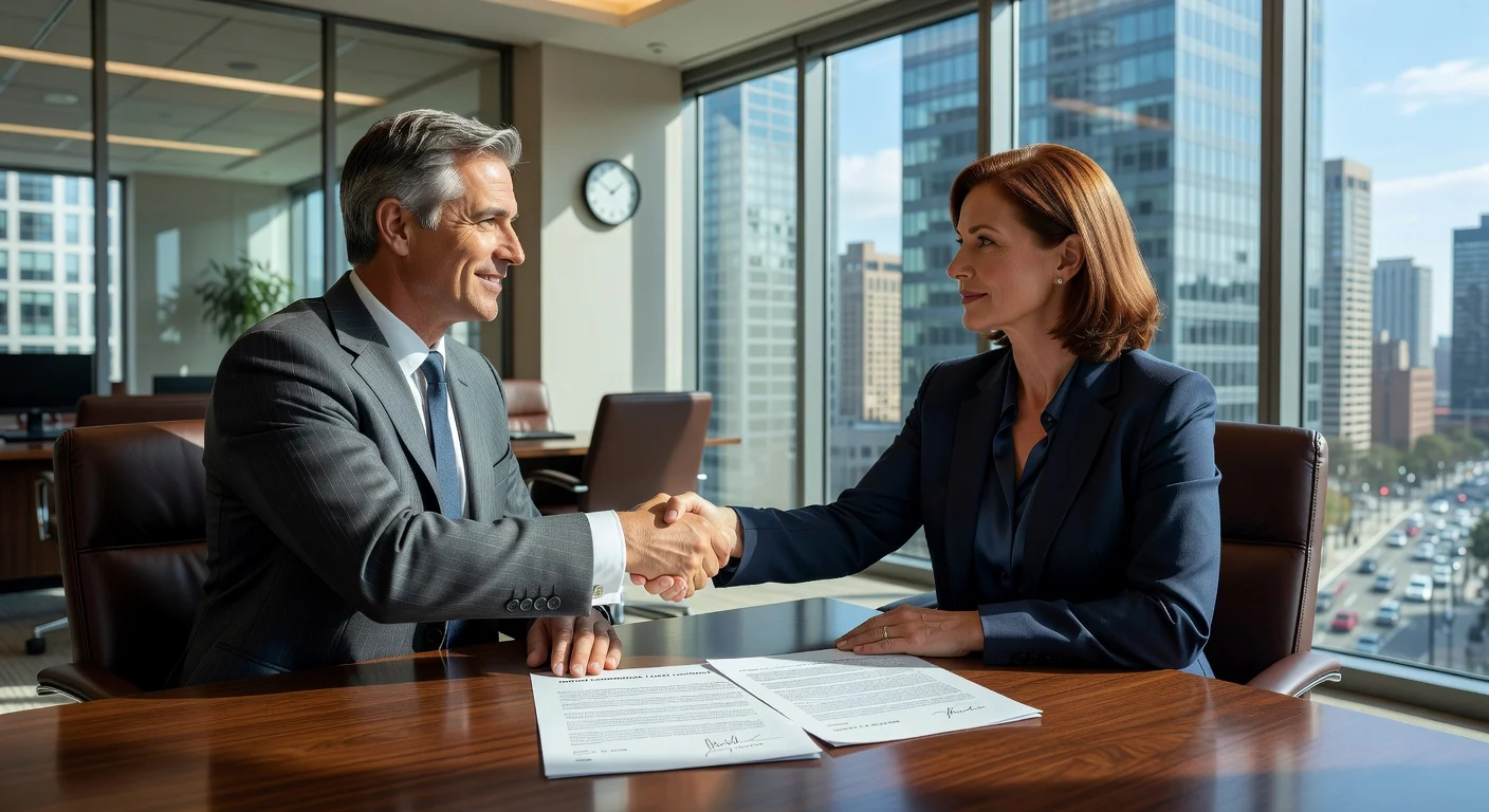 Shaking hands over lease agreement.