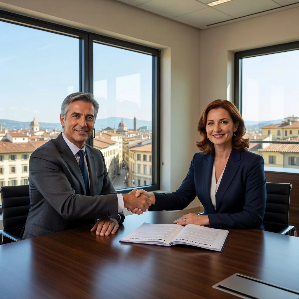 A photorealistic image of two professional adults in a modern commercial office space, shaking hands over a desk with lease agreement papers, symbolizing the renewal of a commercial lease. The setting includes business attire, office furniture, and subtle Italian elements like a flag or architecture in the background to represent Italian commercial law. No children are present.