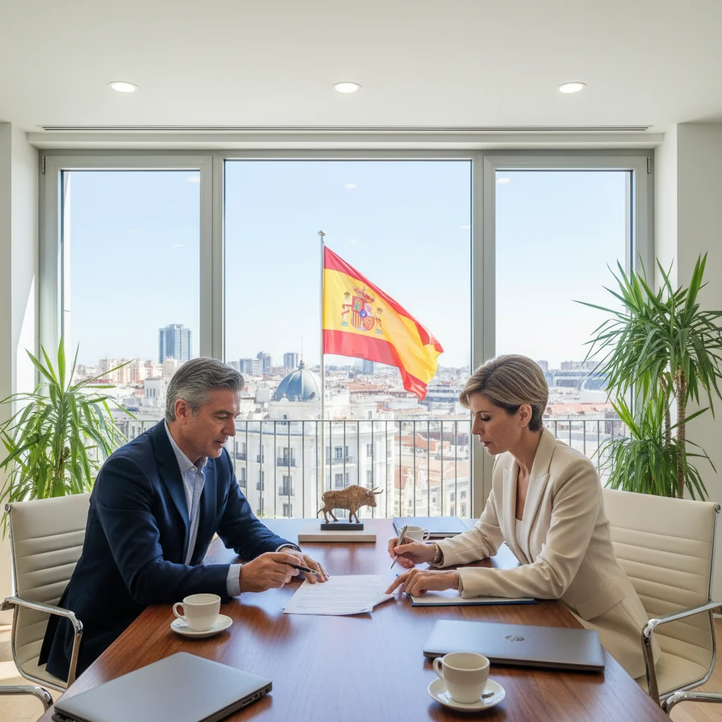 A photorealistic image of a professional business owner in a modern commercial office space in Spain, reviewing a lease renewal agreement with a real estate advisor during a meeting, conveying confidence and legal assurance in renewing a commercial tenancy.