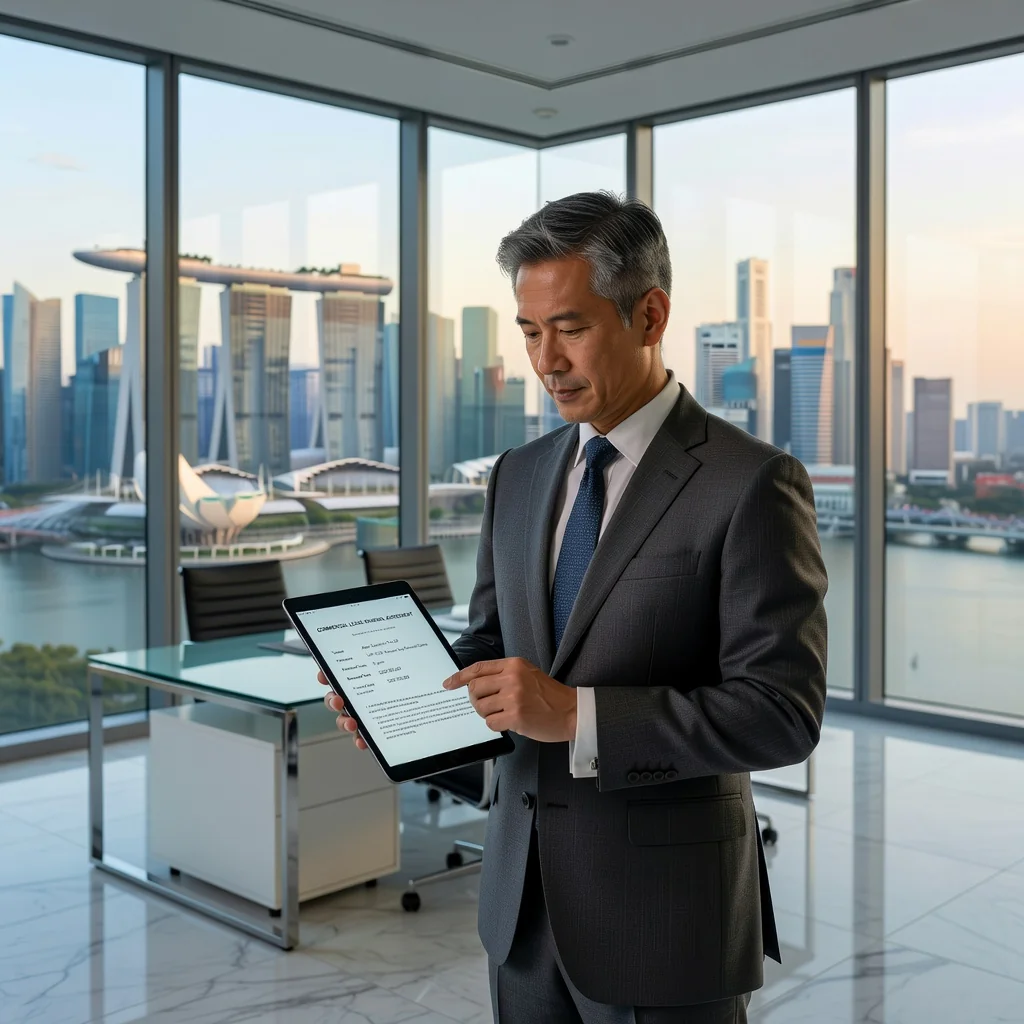A photorealistic image of a professional businessperson in a modern Singapore office building, standing by a large window overlooking the city skyline, thoughtfully reviewing a lease document on a tablet, symbolizing careful commercial lease renewal decisions. The scene conveys professionalism and urban business environment in Singapore, with no children present.