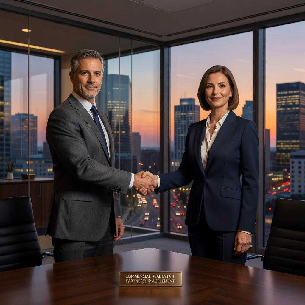 A photorealistic image of two professional business adults, a man and a woman in business attire, shaking hands across a conference table in a modern office setting, symbolizing successful negotiation of a commercial lease renewal. The atmosphere is positive and collaborative, with city skyline visible through large windows in the background, representing business growth and agreement without any focus on documents.