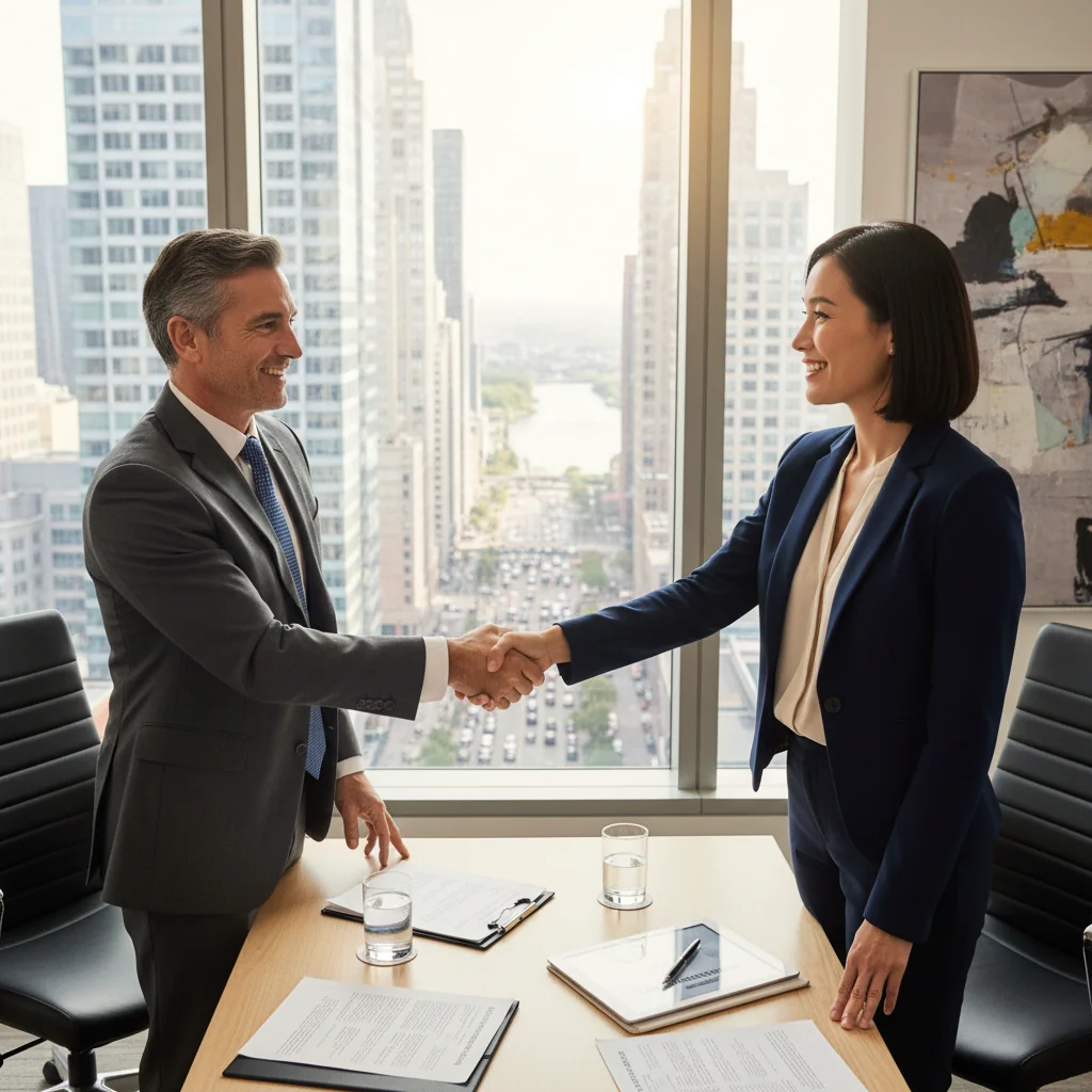A photorealistic image of a confident adult business professional in a modern office, shaking hands with a landlord across a desk, symbolizing a successful commercial lease renewal negotiation. The setting is professional with city skyline view from window, no legal documents visible.