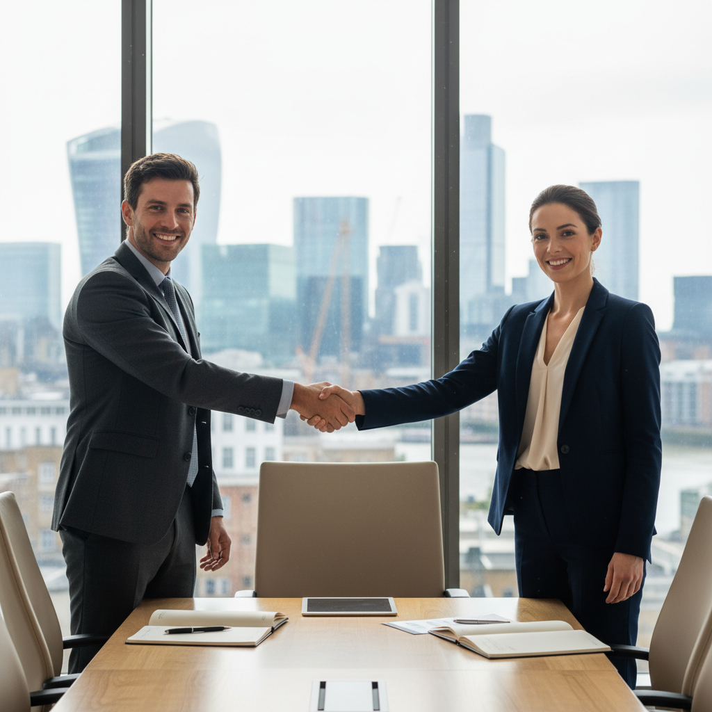A professional business meeting in a modern UK office setting, where two adults—a confident tenant representative and a commercial property landlord—are shaking hands across a conference table, symbolizing successful negotiation of a commercial lease renewal. The scene conveys agreement and partnership, with subtle background elements like a city skyline view through large windows representing London or a major UK city. No legal documents are visible. The image is photorealistic, featuring only adults, no children present.