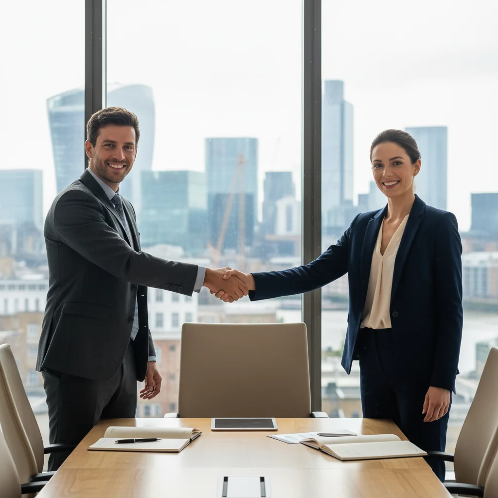 A professional business meeting in a modern UK office setting, where two adults—a confident tenant representative and a commercial property landlord—are shaking hands across a conference table, symbolizing successful negotiation of a commercial lease renewal. The scene conveys agreement and partnership, with subtle background elements like a city skyline view through large windows representing London or a major UK city. No legal documents are visible. The image is photorealistic, featuring only adults, no children present.