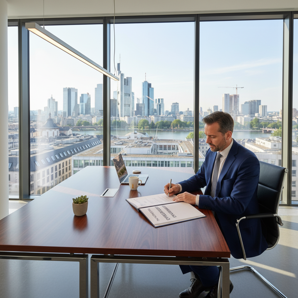 A photorealistic image of a professional businessperson in a modern commercial office space in Germany, reviewing a lease agreement on a desk with cityscape view, symbolizing the extension of a commercial lease contract.