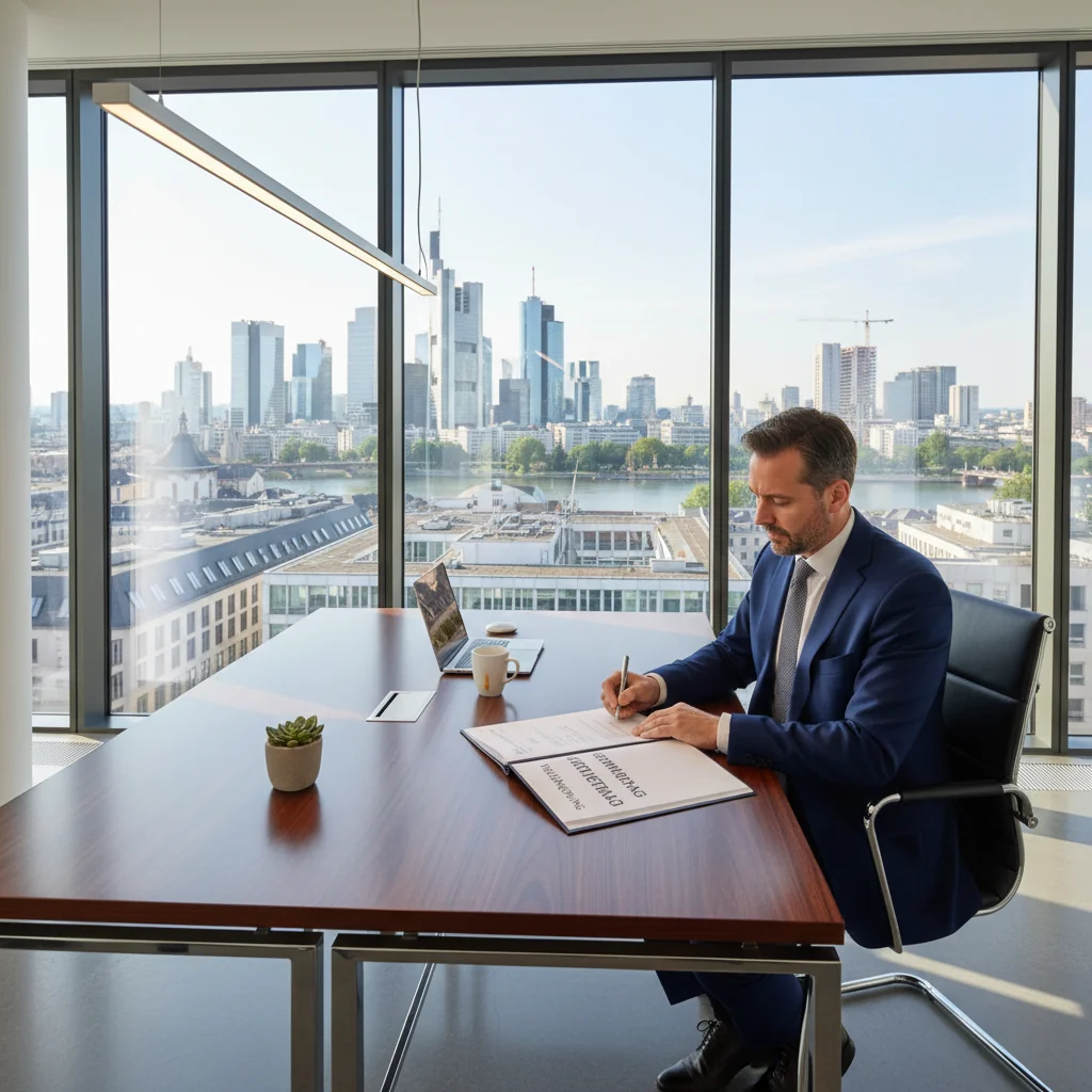 A photorealistic image of a professional businessperson in a modern commercial office space in Germany, reviewing a lease agreement on a desk with cityscape view, symbolizing the extension of a commercial lease contract.
