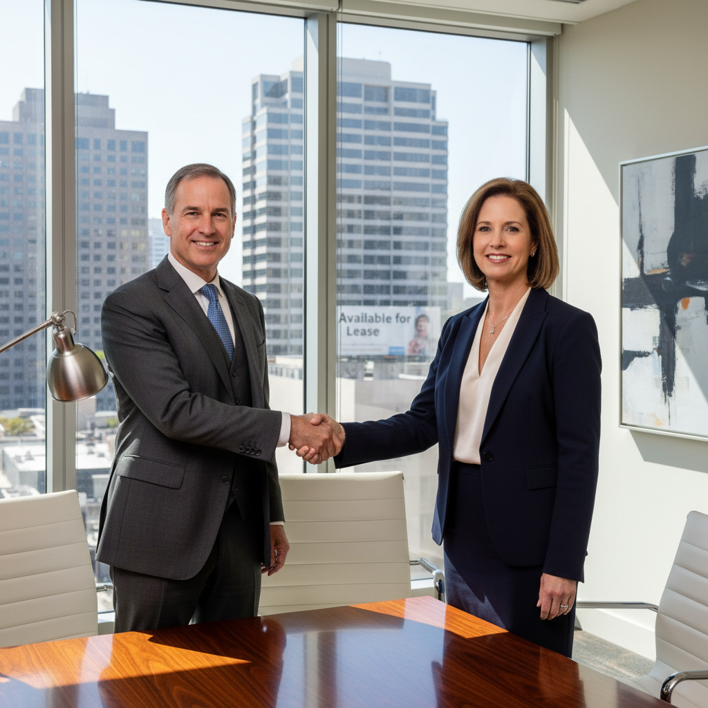 A photorealistic image of two professional adults in business attire shaking hands across a conference table in a modern commercial office space, symbolizing the agreement and renewal of a commercial lease in the UK. The background features large windows overlooking a cityscape, with subtle elements like a 'For Lease' sign on a building visible outside, representing commercial property renewal. No children are present in the image.