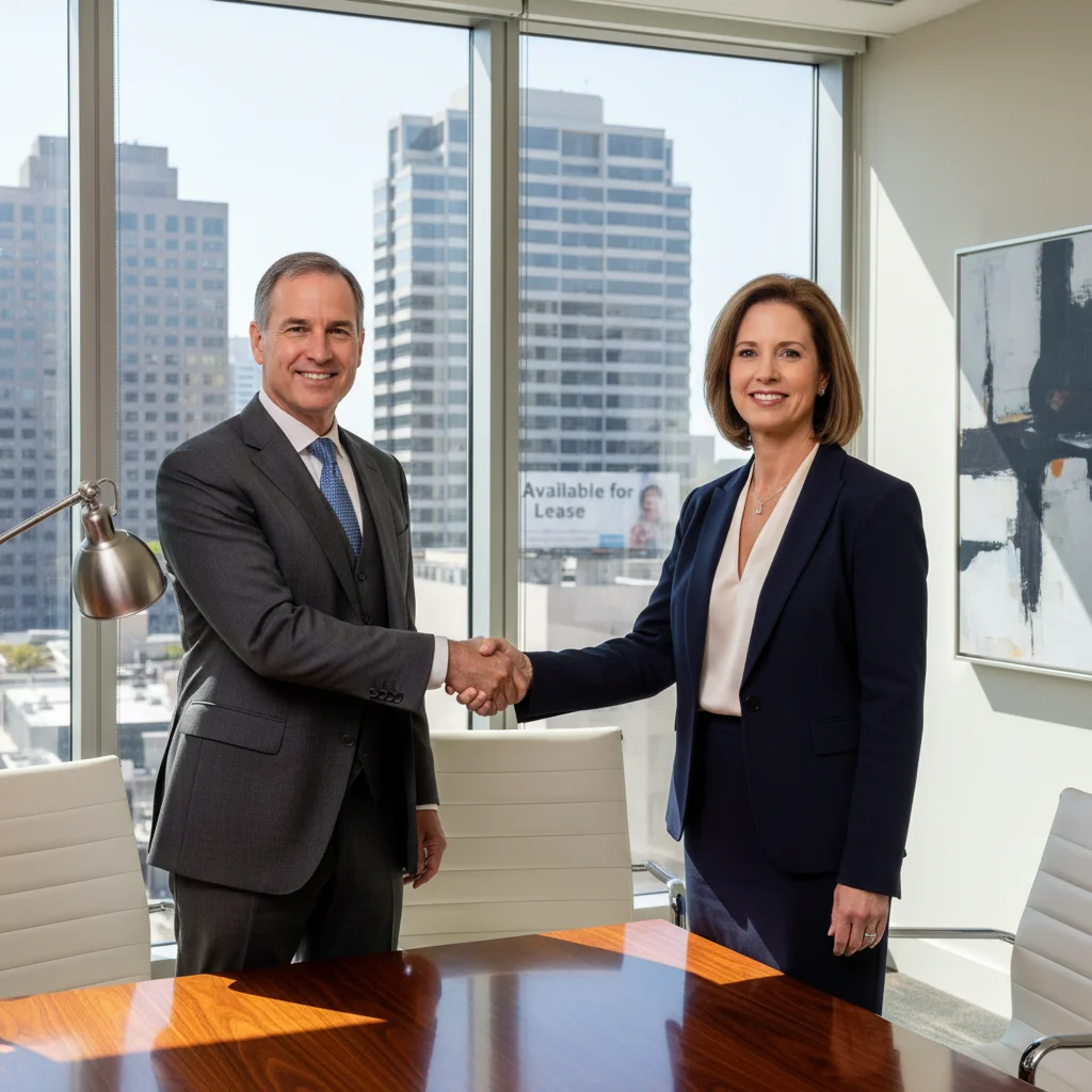 A photorealistic image of two professional adults in business attire shaking hands across a conference table in a modern commercial office space, symbolizing the agreement and renewal of a commercial lease in the UK. The background features large windows overlooking a cityscape, with subtle elements like a 'For Lease' sign on a building visible outside, representing commercial property renewal. No children are present in the image.