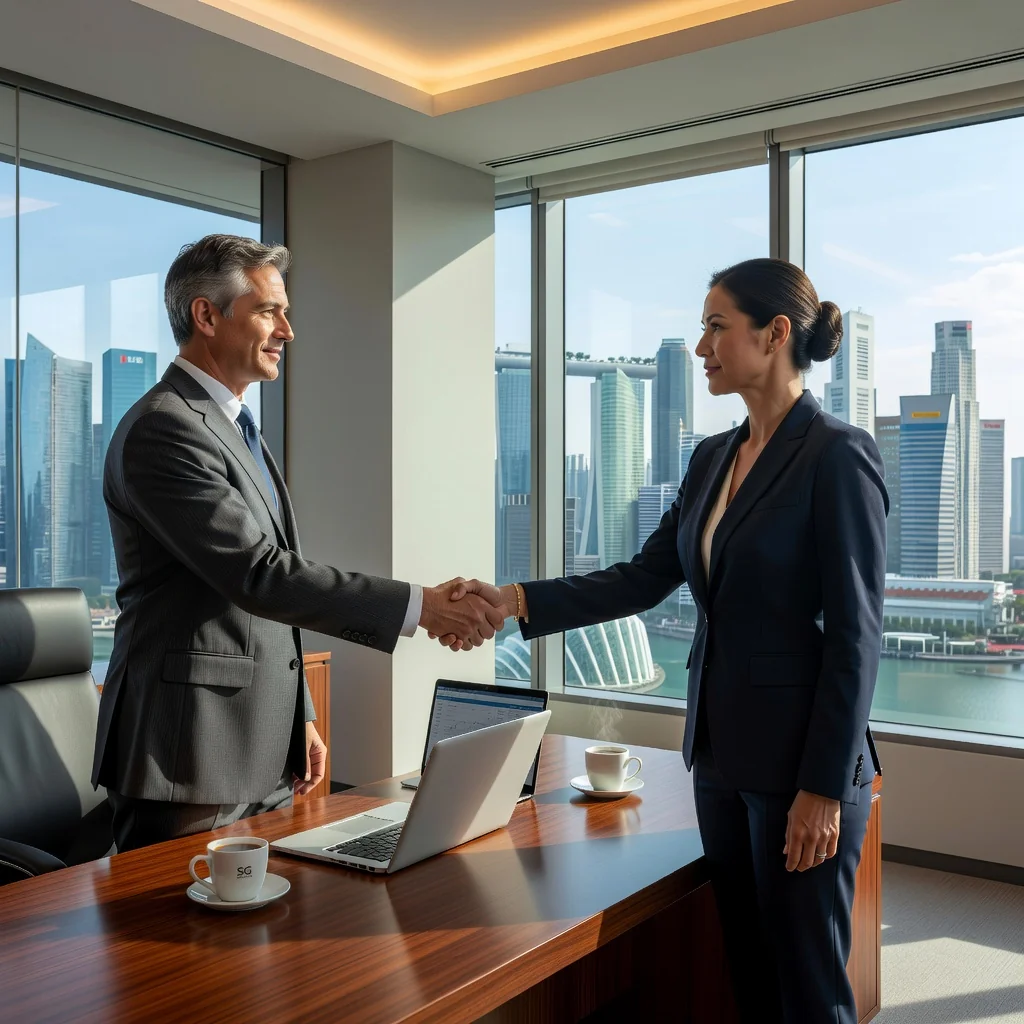 A photorealistic image of two professional adults in business attire shaking hands across a desk in a modern Singapore office space, with a city skyline view in the background, symbolizing a successful commercial lease renewal agreement.