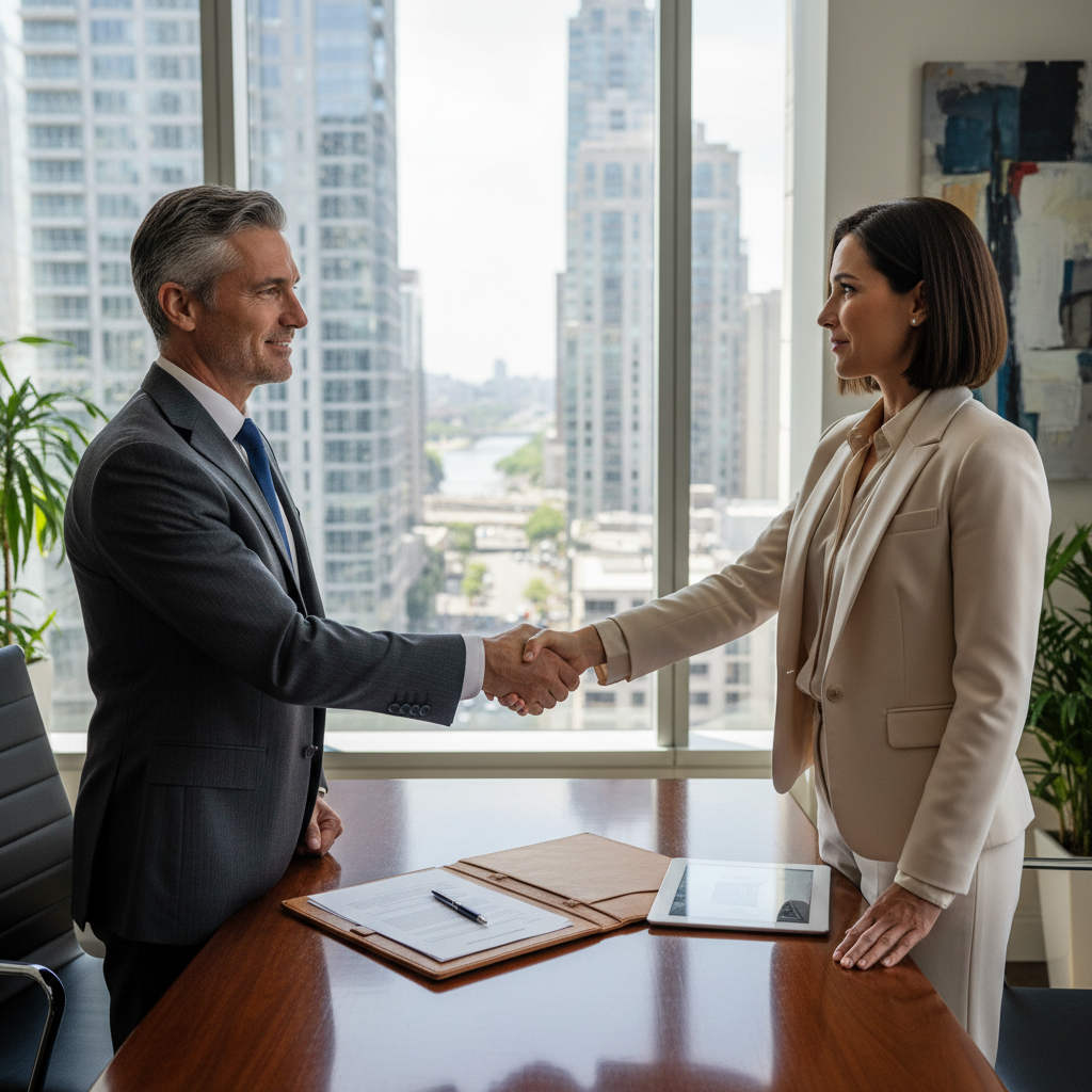 A photorealistic image depicting a professional business handshake between two adults in a modern office setting, symbolizing the agreement and renewal of a commercial lease, with city skyline visible through large windows in the background, conveying trust and partnership in real estate business.