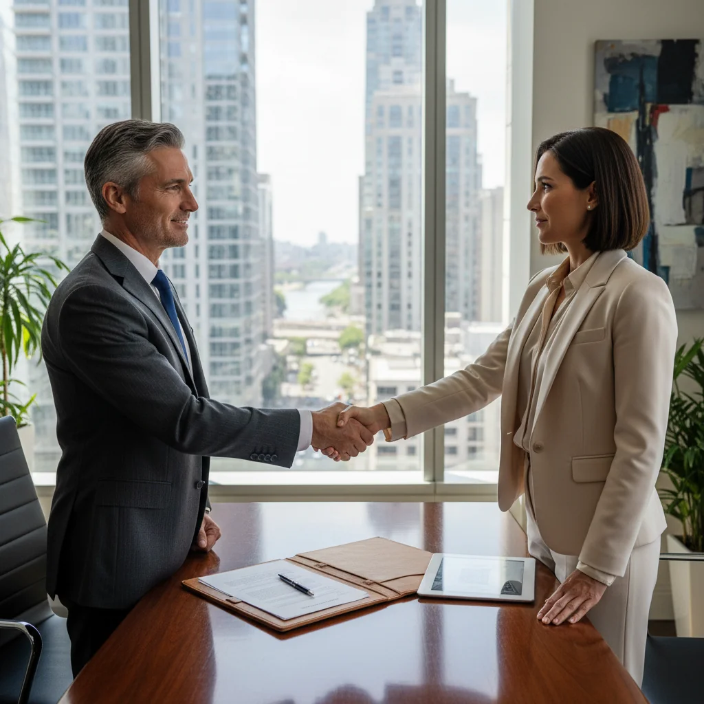 A photorealistic image depicting a professional business handshake between two adults in a modern office setting, symbolizing the agreement and renewal of a commercial lease, with city skyline visible through large windows in the background, conveying trust and partnership in real estate business.