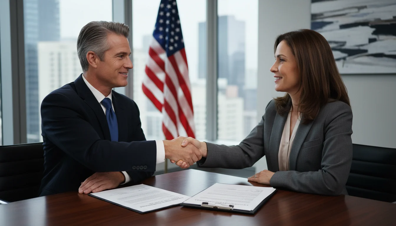 Business professionals signing lease renewal.