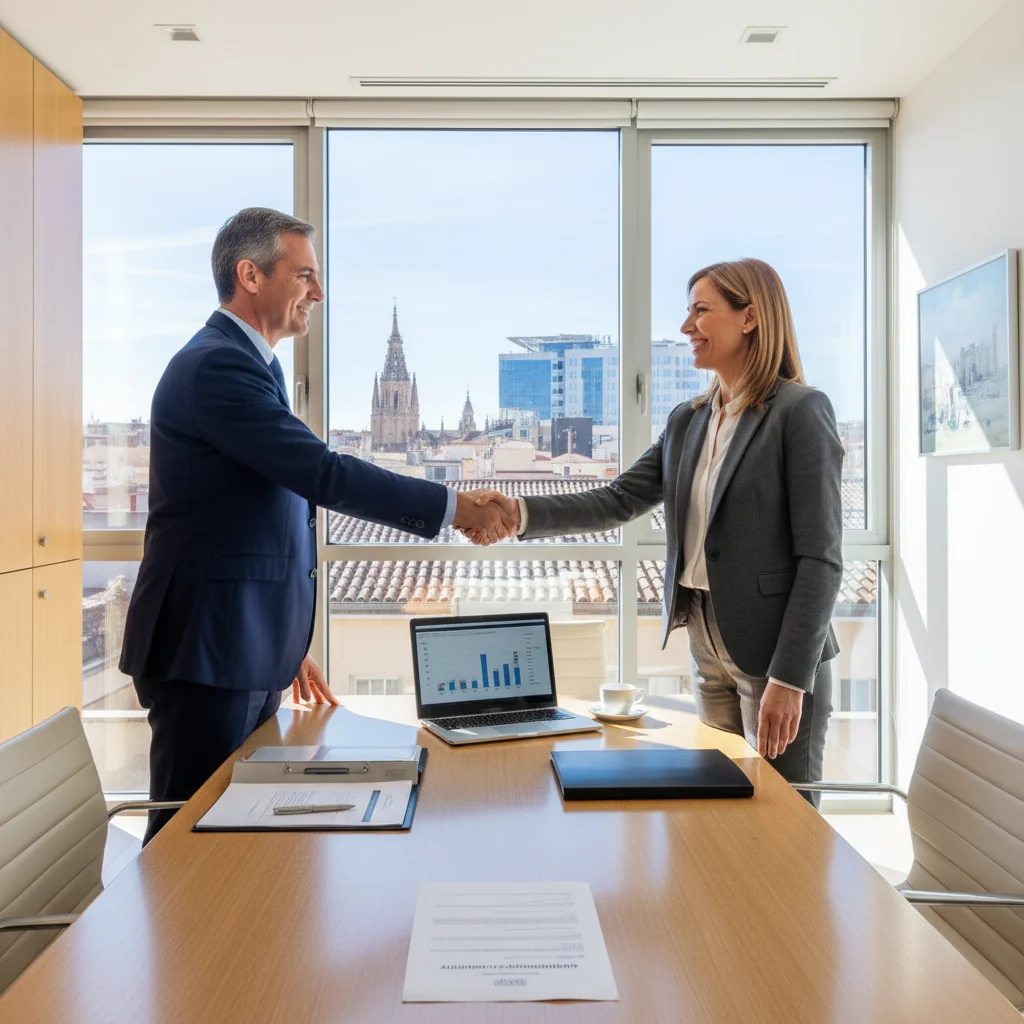A photorealistic image of a professional business meeting in a modern Spanish commercial office space, with adults shaking hands over a lease agreement, symbolizing the extension of a commercial tenancy in Spain, no children present.