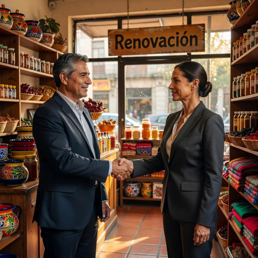 A photorealistic image representing the renewal of a commercial lease in Mexico, showing a professional business owner in a modern commercial space, shaking hands with a real estate agent, symbolizing agreement and continuation of business tenancy, with subtle Mexican architectural elements in the background, no children present.